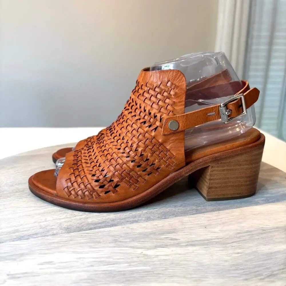 Rag & Bone Wyatt Willow Woven Leather Peep Toe Slingback Heels Brown Size 8 Boho - Picture 4 of 15